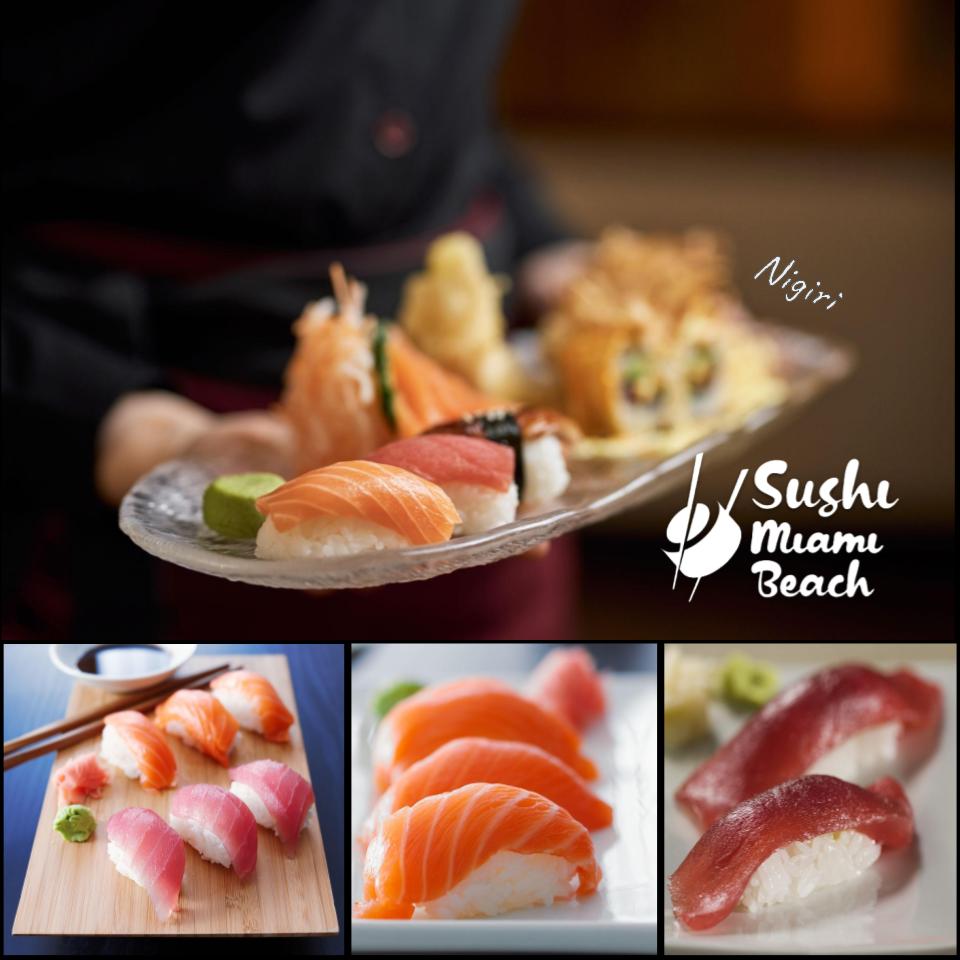 A single piece of salmon nigiri resting on a hand-thrown ceramic plate