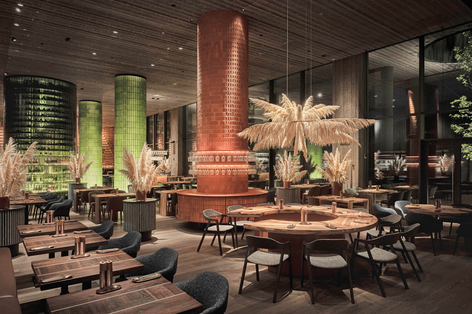 Interior of the restaurant with warm pendant lighting over the counter